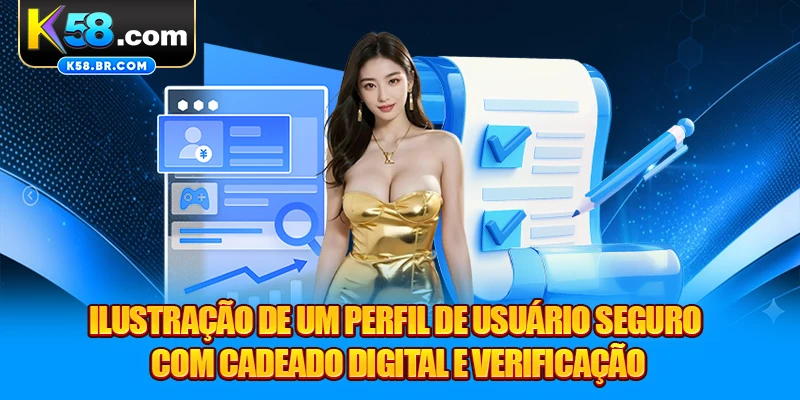 Ilustração de um perfil de usuário seguro com cadeado digital e verificação
